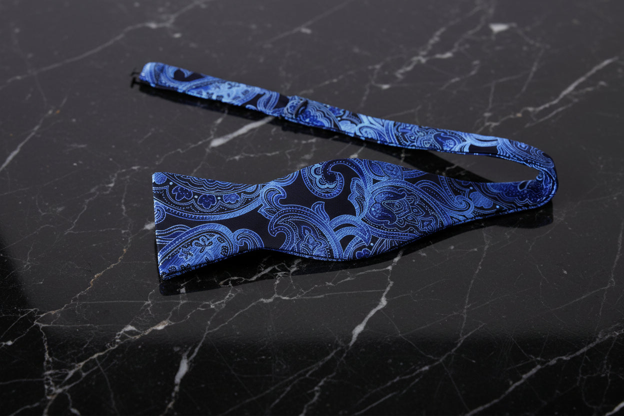 Black, Blue Paisley Bow Tie Self-Tie