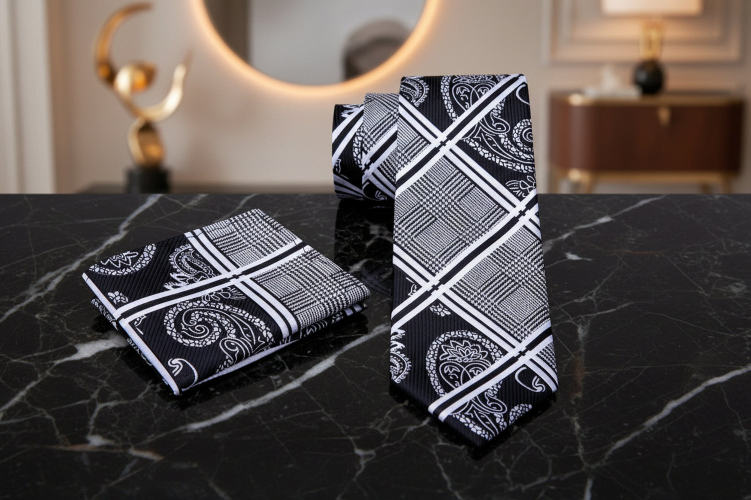 View 2: A Black, Grey, White Paisley Self Tie Necktie and Pocket Square