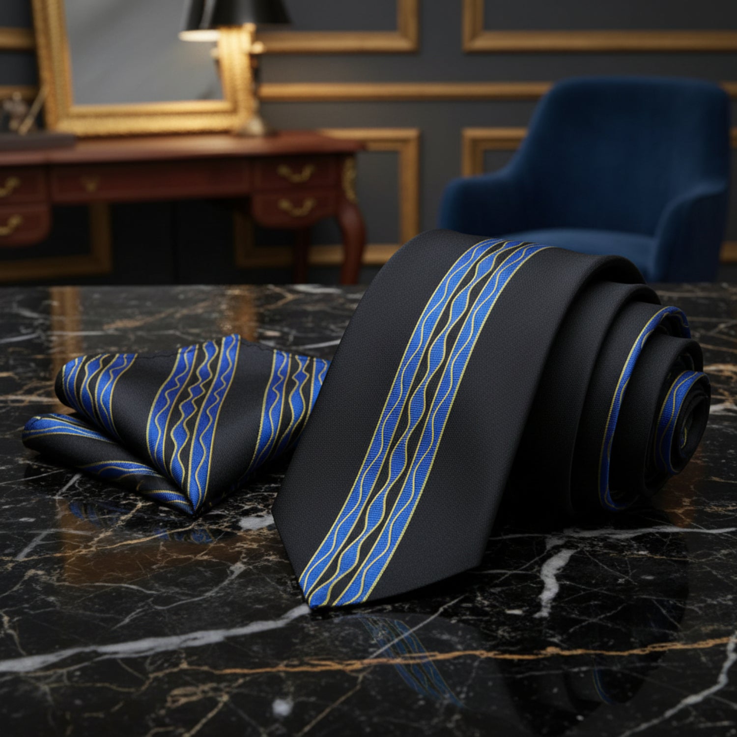 Alt View: Black, Light Blue, Yellow Wavy Lines Tie and Pocket Square