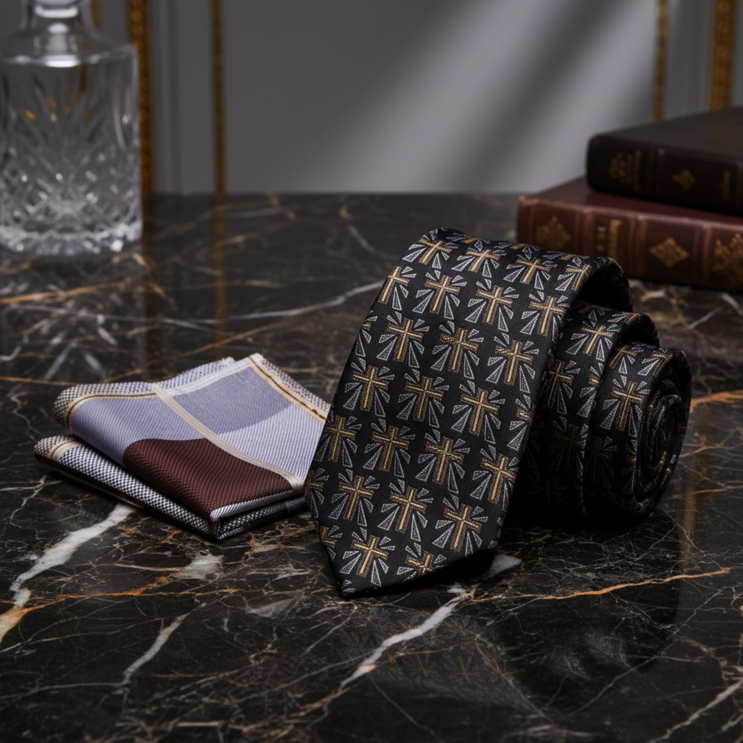 Alt View: Black, Brown, Grey Crucifix Tie with Accenting Plaid Square