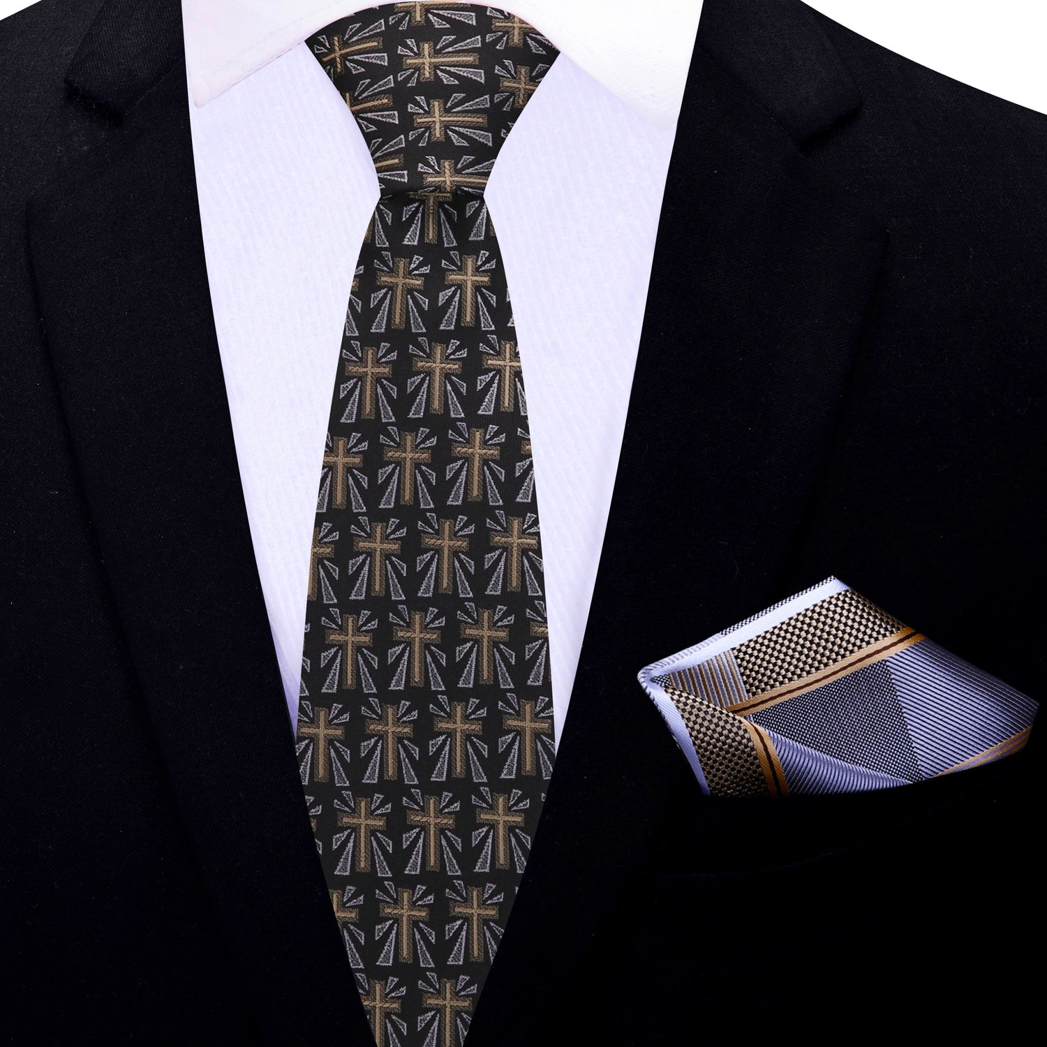 Thin Tie: Black, Brown, Grey Crucifix Tie with Accenting Plaid Square