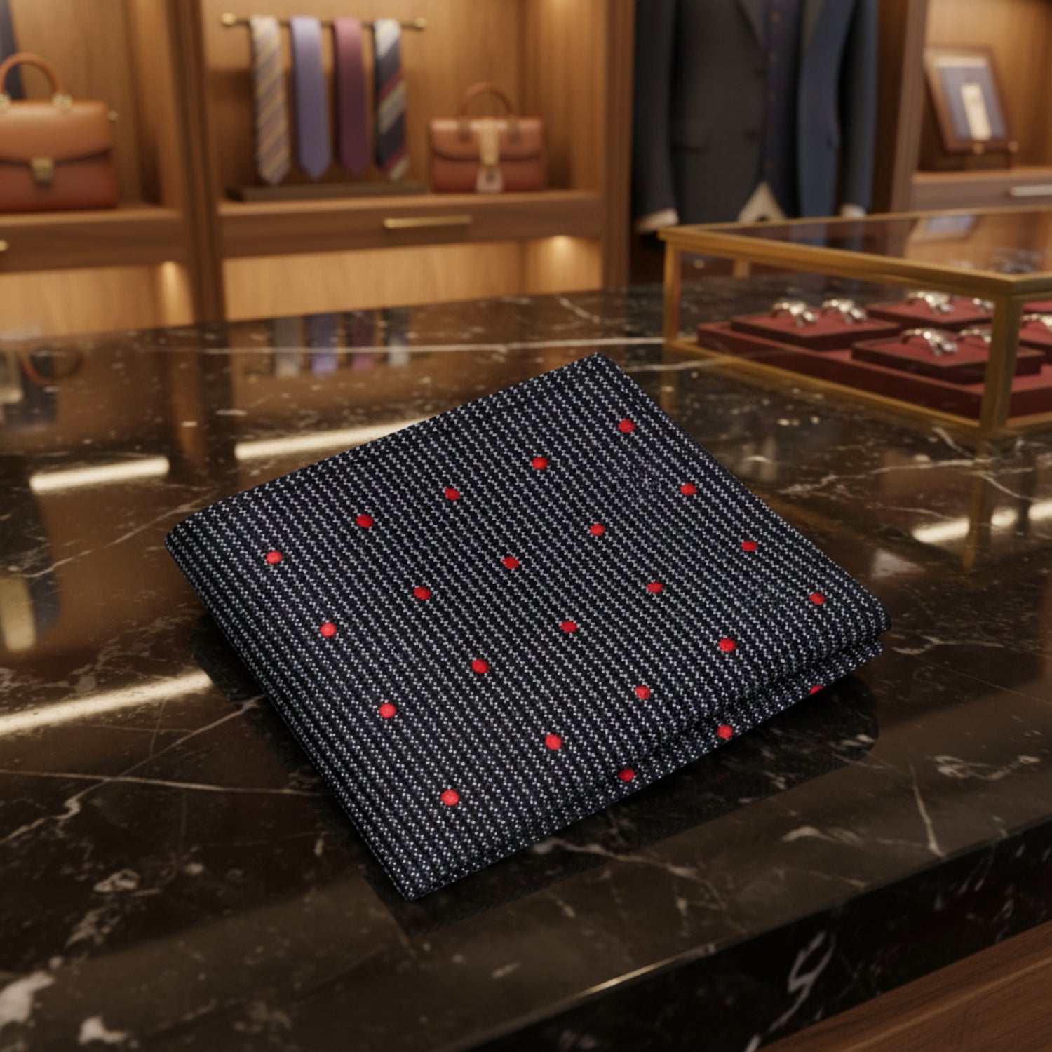 A Black with Red Polka Dot Pattern Pocket Square