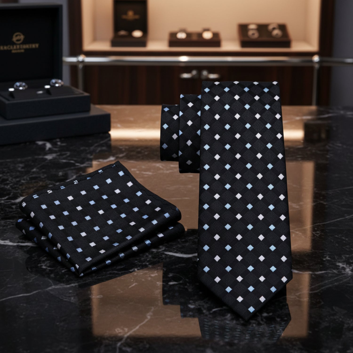 View 2: A Black, Light Blue, Light Grey Color Geometric Diamond Pattern Tie, Pocket Square