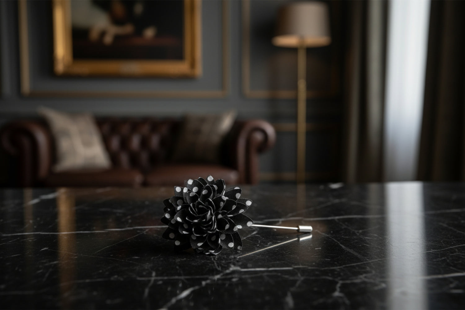 Main View: A Black, White Polka Dot Lapel Flower||Black, White