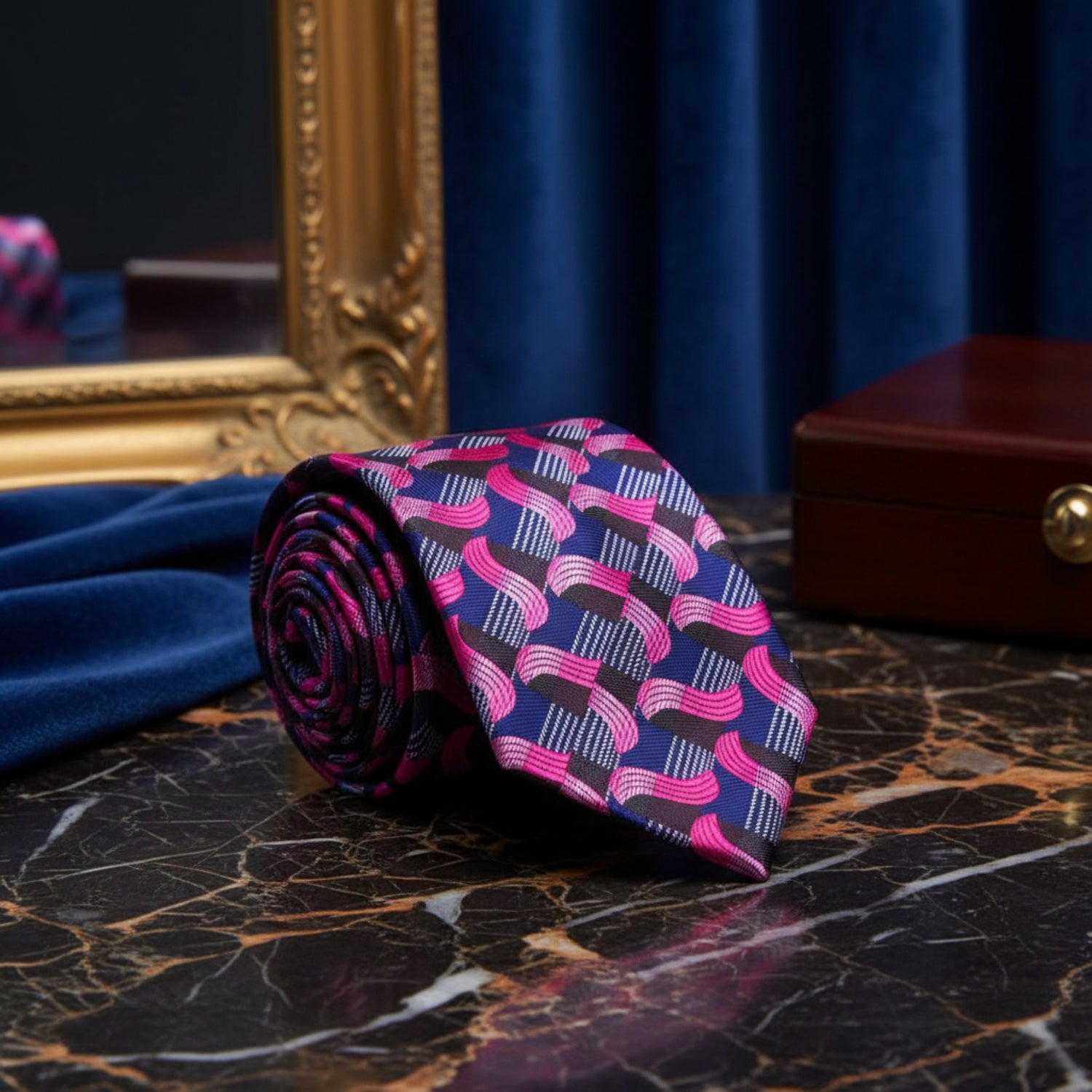 A Blue, Dark Blue, Pink Abstract Wavy Lines Pattern Necktie