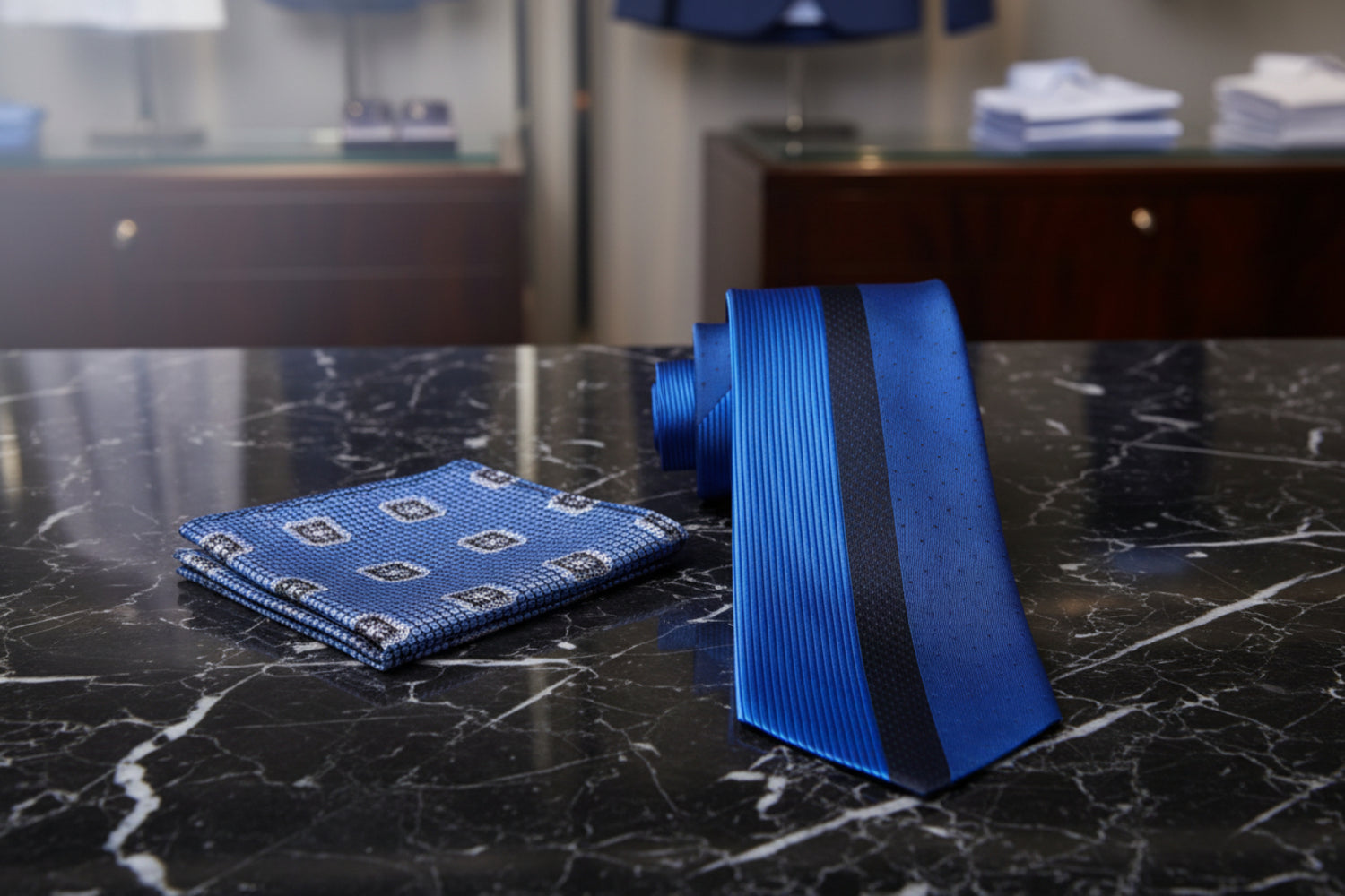 Alt View: Blue Tie and Accenting Light Blue Geometric Square