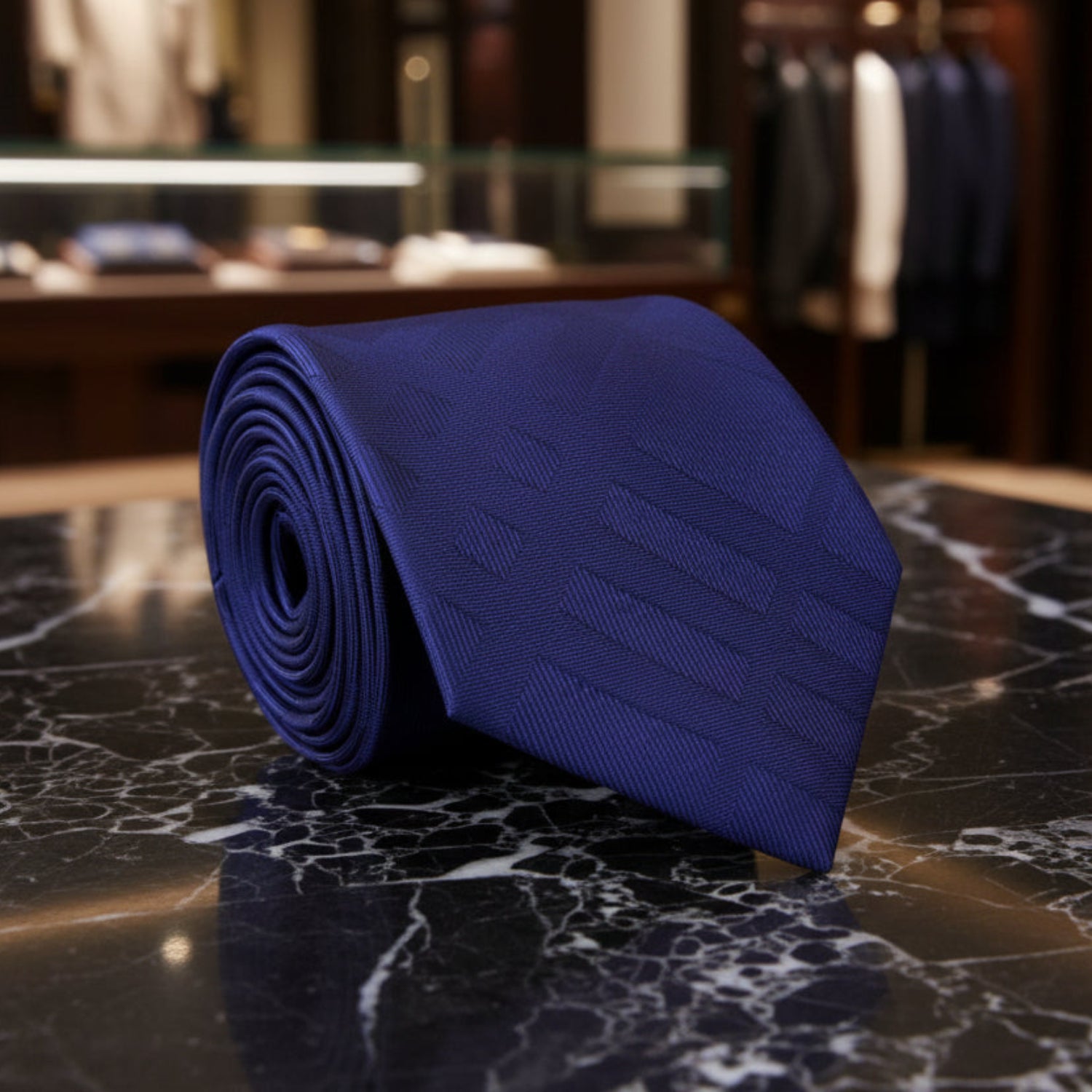 A Solid Dark Blue With Lines Texture Necktie 