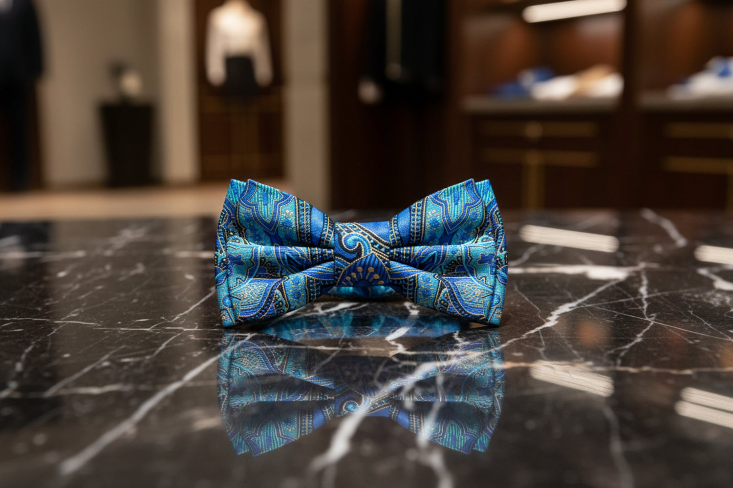A Teal Blue, Black Abstract Floral Pattern Bow Tie 