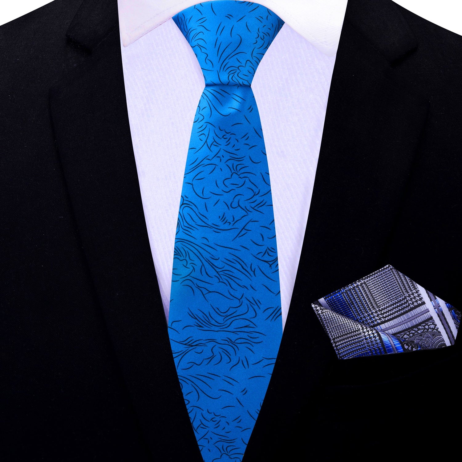 Thin Tie: Royal Blue and Black Abstract Lines Tie with Grey, Blue Pocket Square