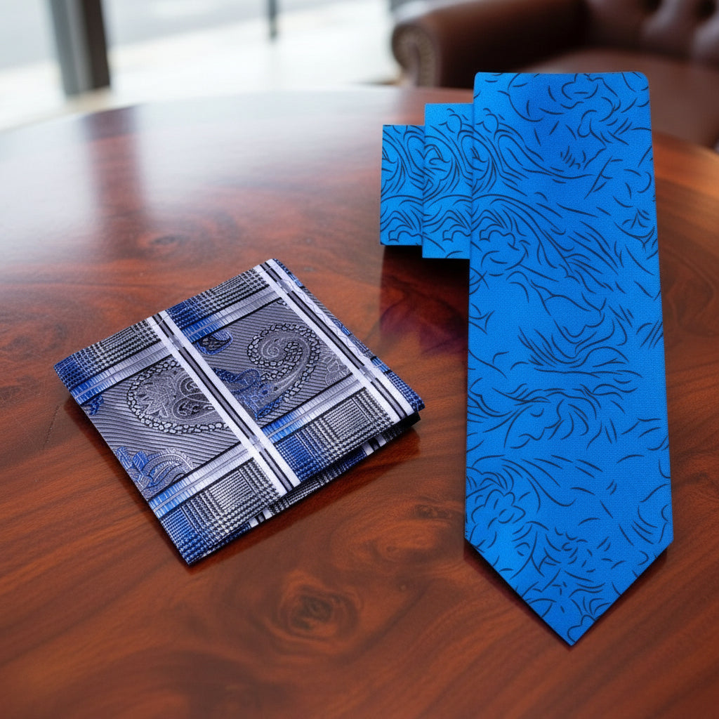Alt View: Royal Blue and Black Abstract Lines Tie with Grey, Blue Pocket Square