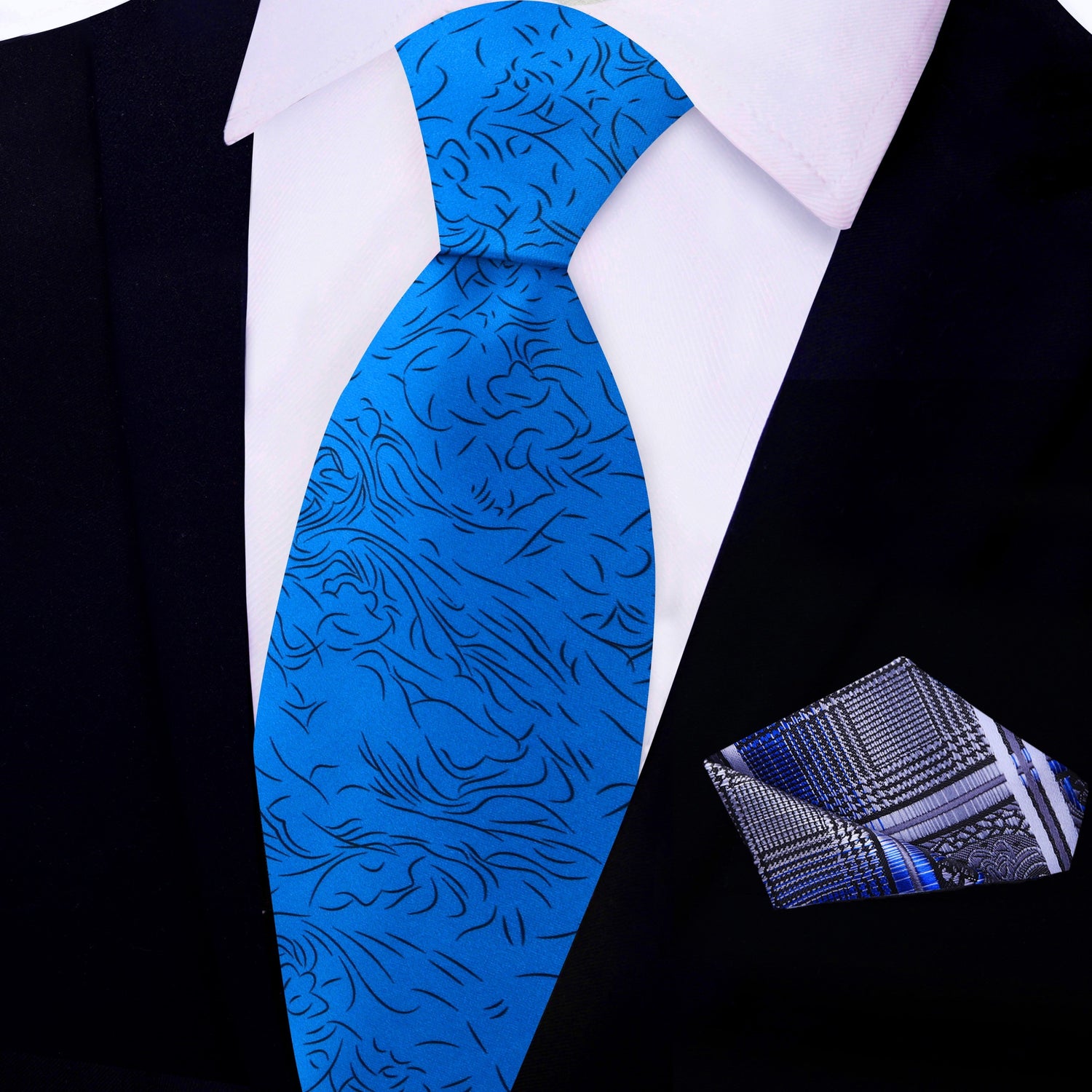 View 2: Royal Blue and Black Abstract Lines Tie with Grey, Blue Pocket Square