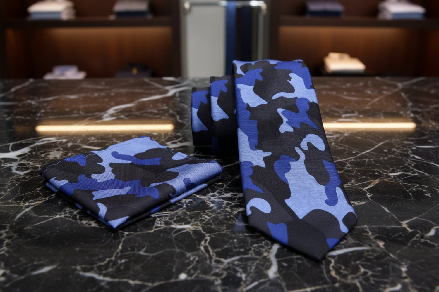 Alt View: A Blue, Dark Blue, Black Color Camouflage Fleck Pattern Necktie, Matching Pocket Square