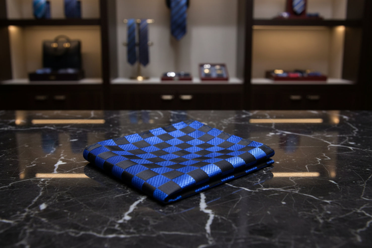 A Blue, Black Geometric Squares Pattern Pocket Square