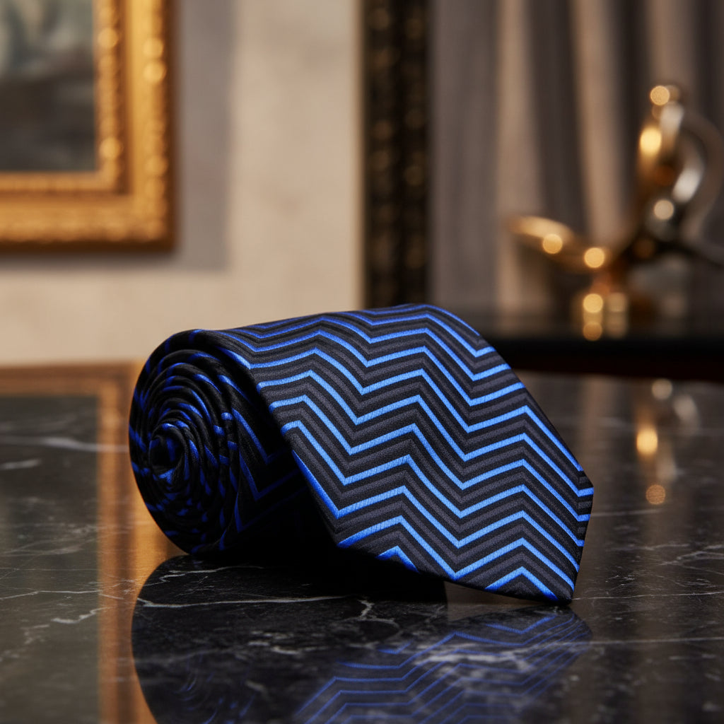 A Blue, Black Geometric Pattern Necktie  