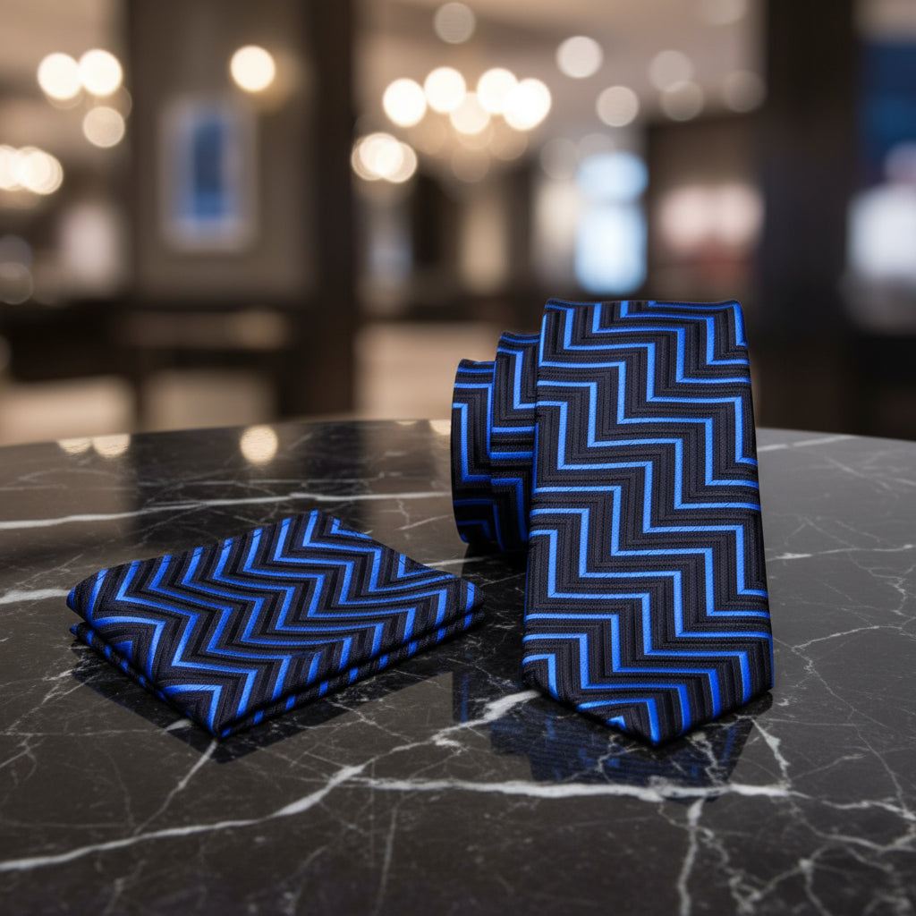 Alt View: A Blue, Black Geometric Pattern Necktie With Matching Pocket Square