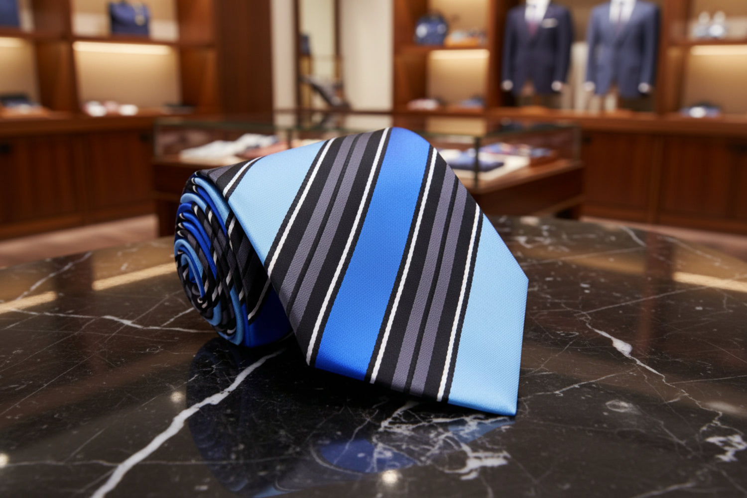 A Blue, Black, Grey Stripe Pattern Necktie 