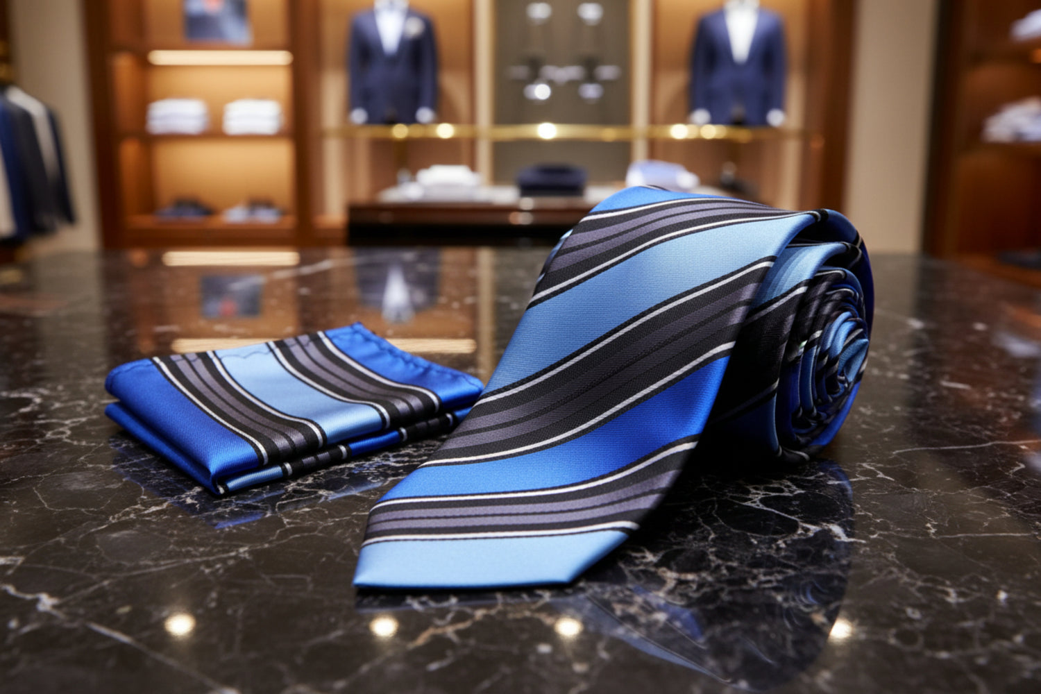 Alt View: A Blue, Black, Grey Stripe Pattern Necktie, Matching Pocket Square