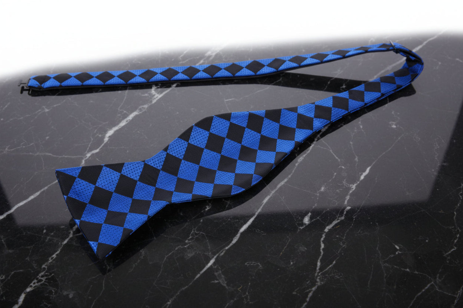 Untied: A Blue, Black Geometric Diamonds Pattern Self Tie Bow Tie