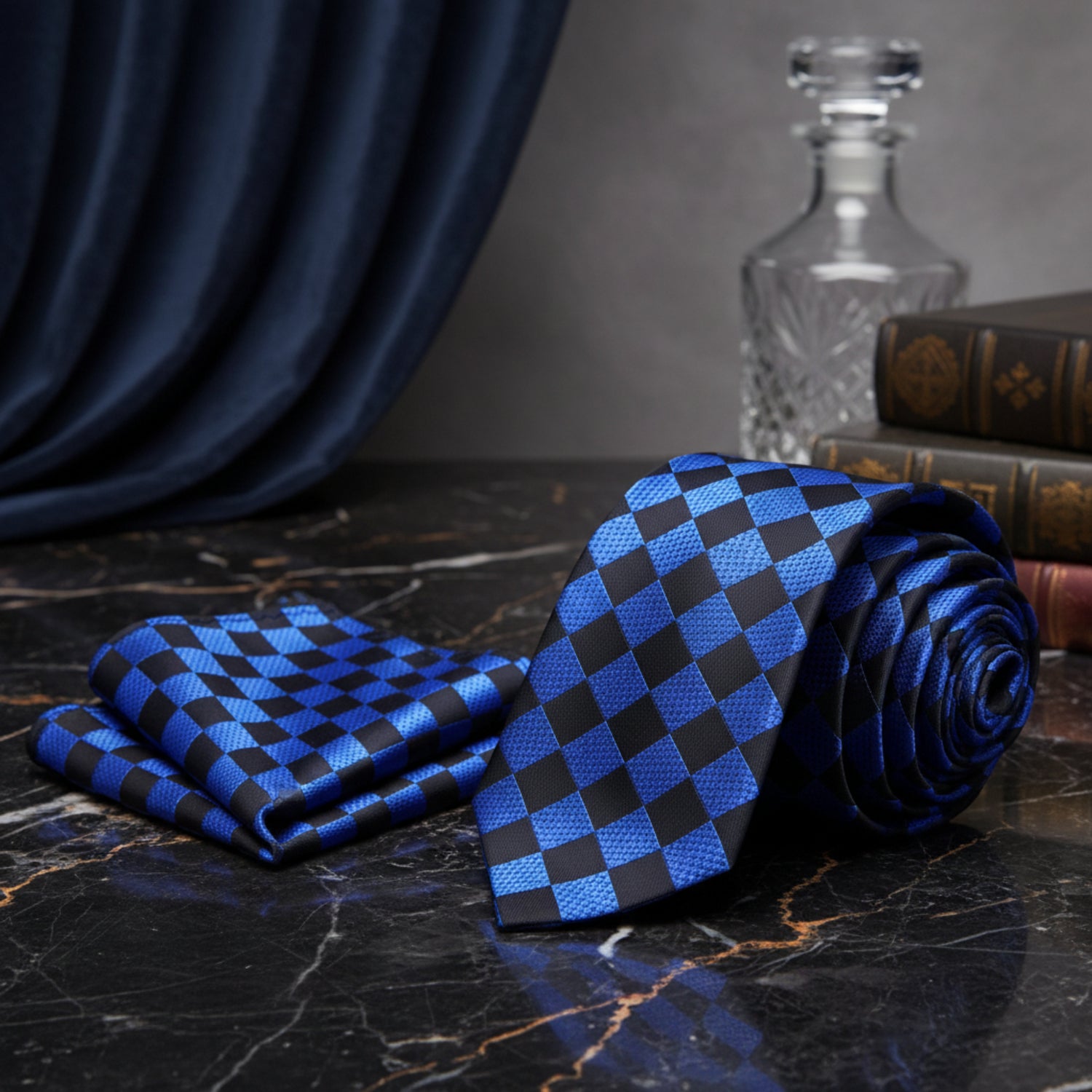Alt View: Blue, black geometric tie and pocket square