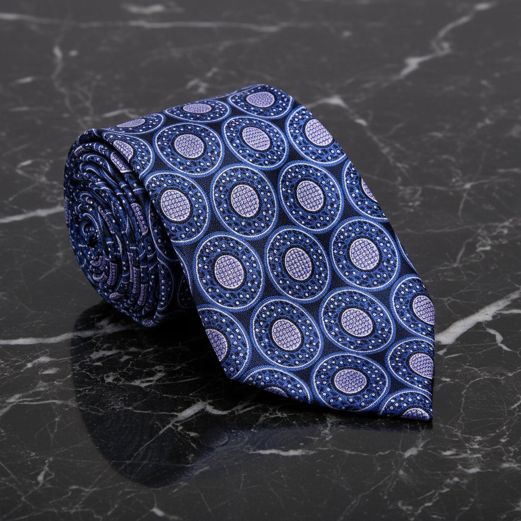 A Dark Blue, Purple Abstract Circular Pattern Necktie 