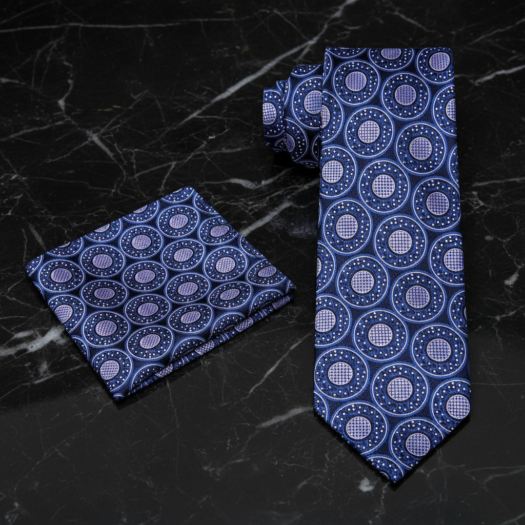 Alt View: A Dark Blue, Purple Abstract Circular Pattern Necktie, Matching Pocket Square