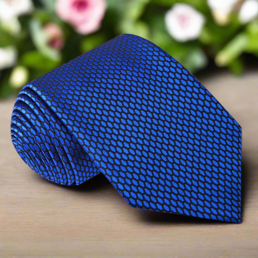 A Dark Blue, Black Geometric Oval Shaped Pattern Necktie 