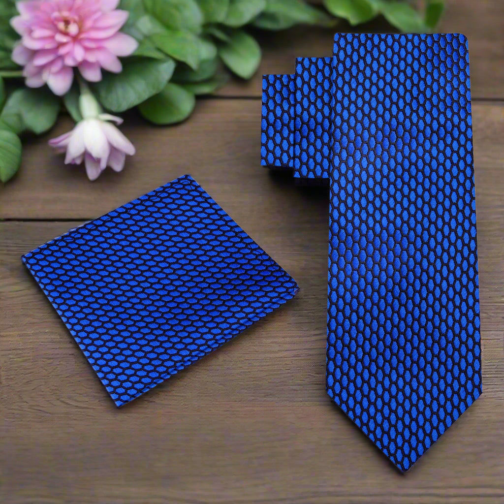 Alt View: A Dark Blue, Black Geometric Oval Shaped Pattern Necktie, Matching Pocket Square