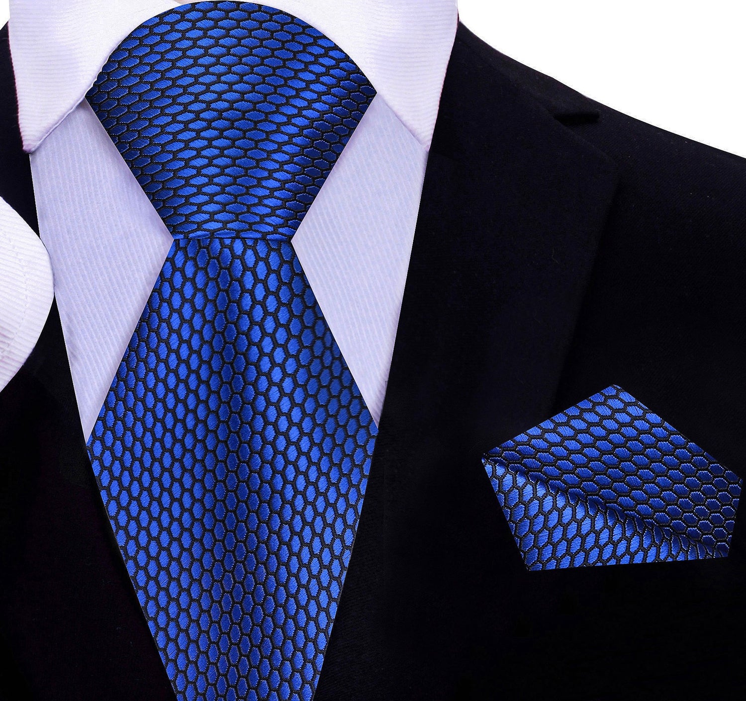 A Dark Blue, Black Geometric Oval Shaped Pattern Necktie, Matching Pocket Square