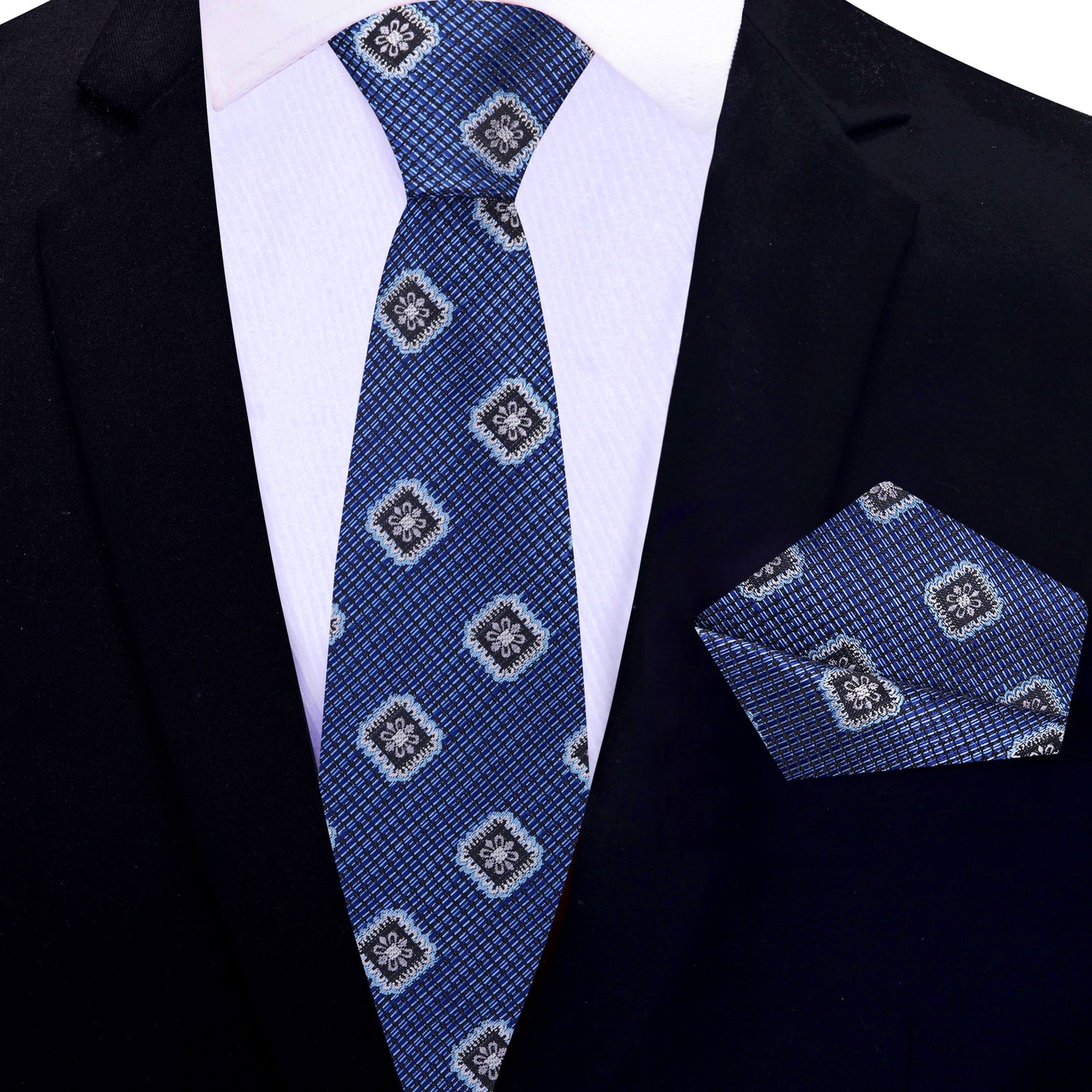 Blue Geometric Medallion Thin Tie and Pocket Square