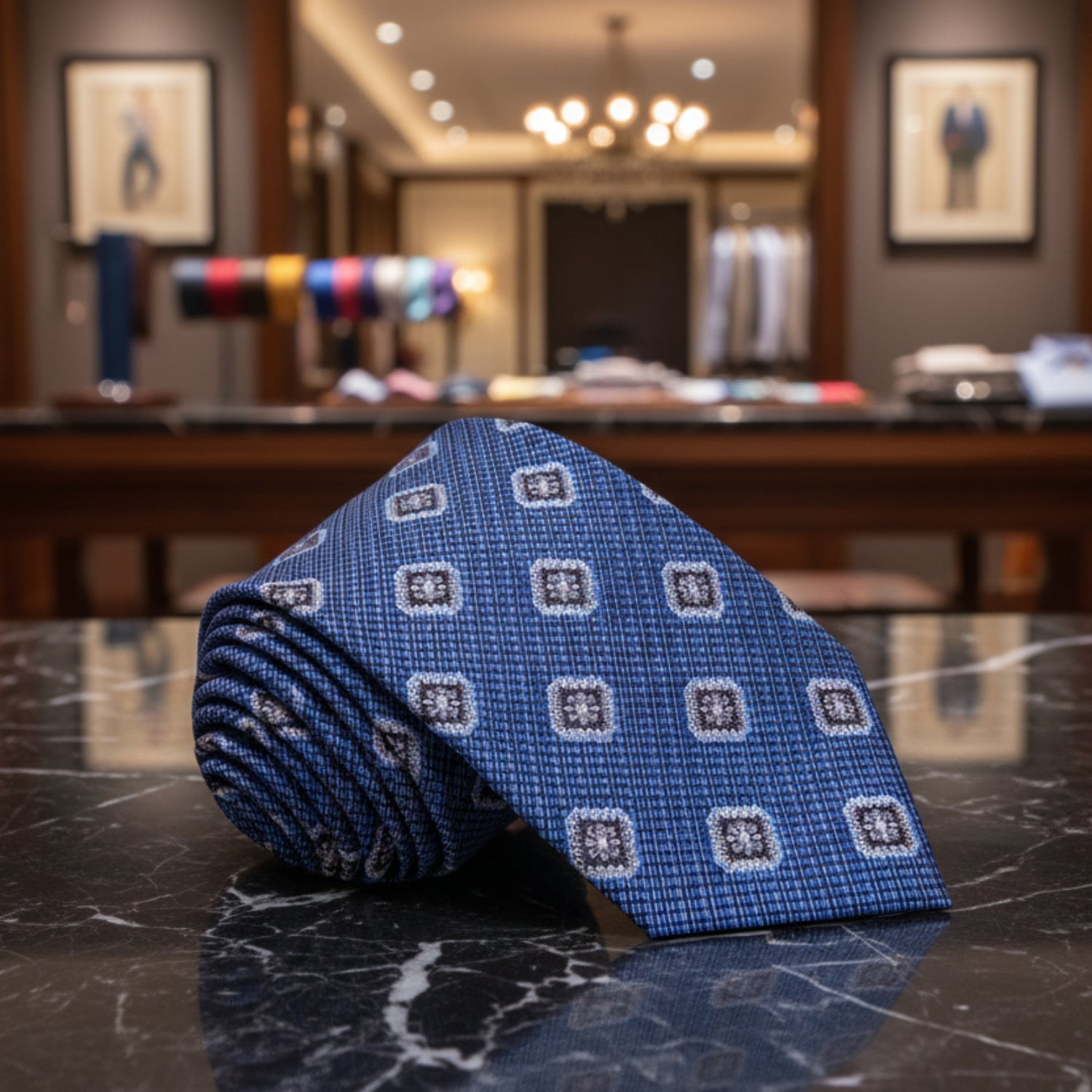 Blue, Black Geometric Medallion Tie
