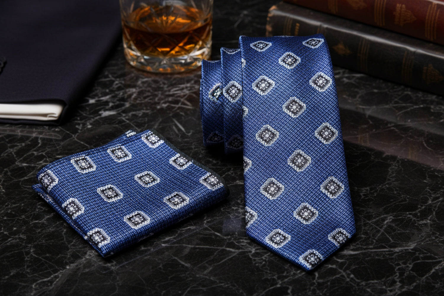 Alt View: Blue Geometric Medallion Tie and Pocket Square