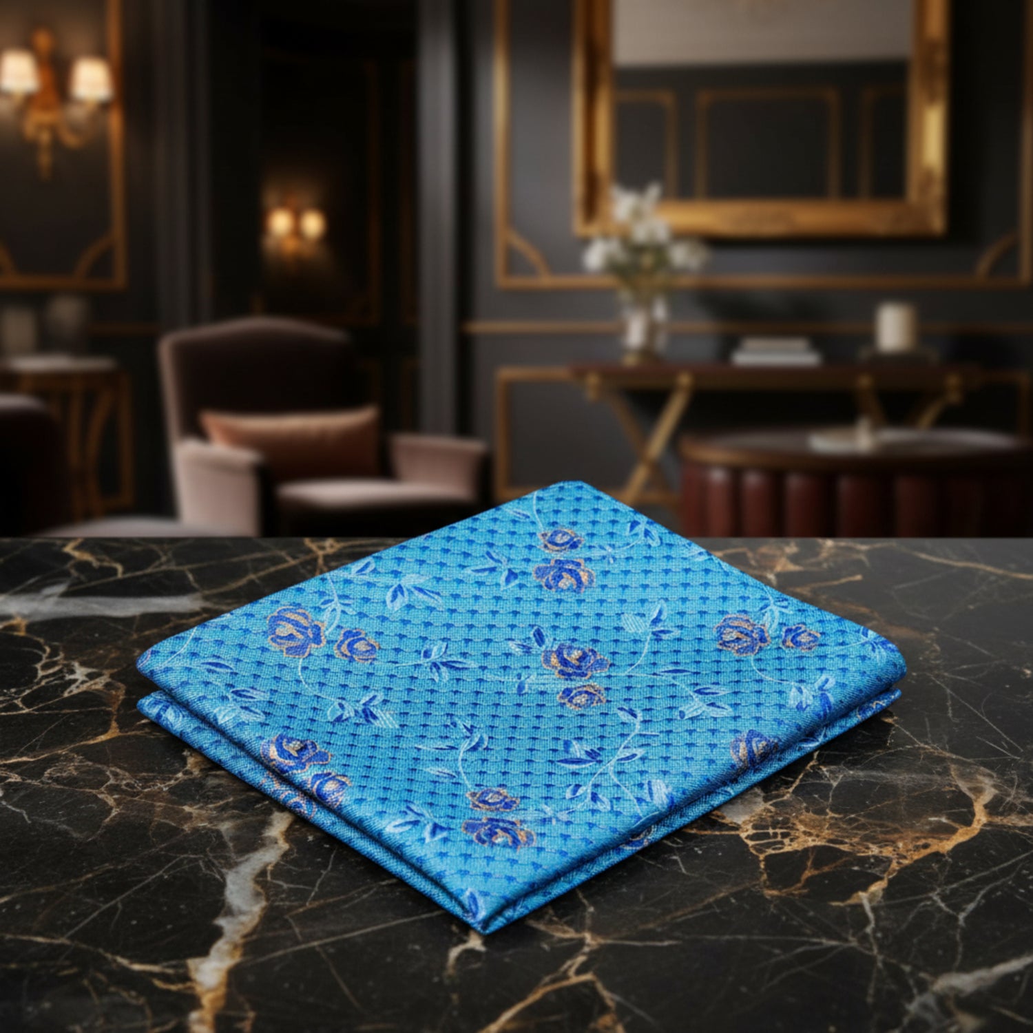A Light Blue Intricate Vine with Floral Pattern Pocket Square