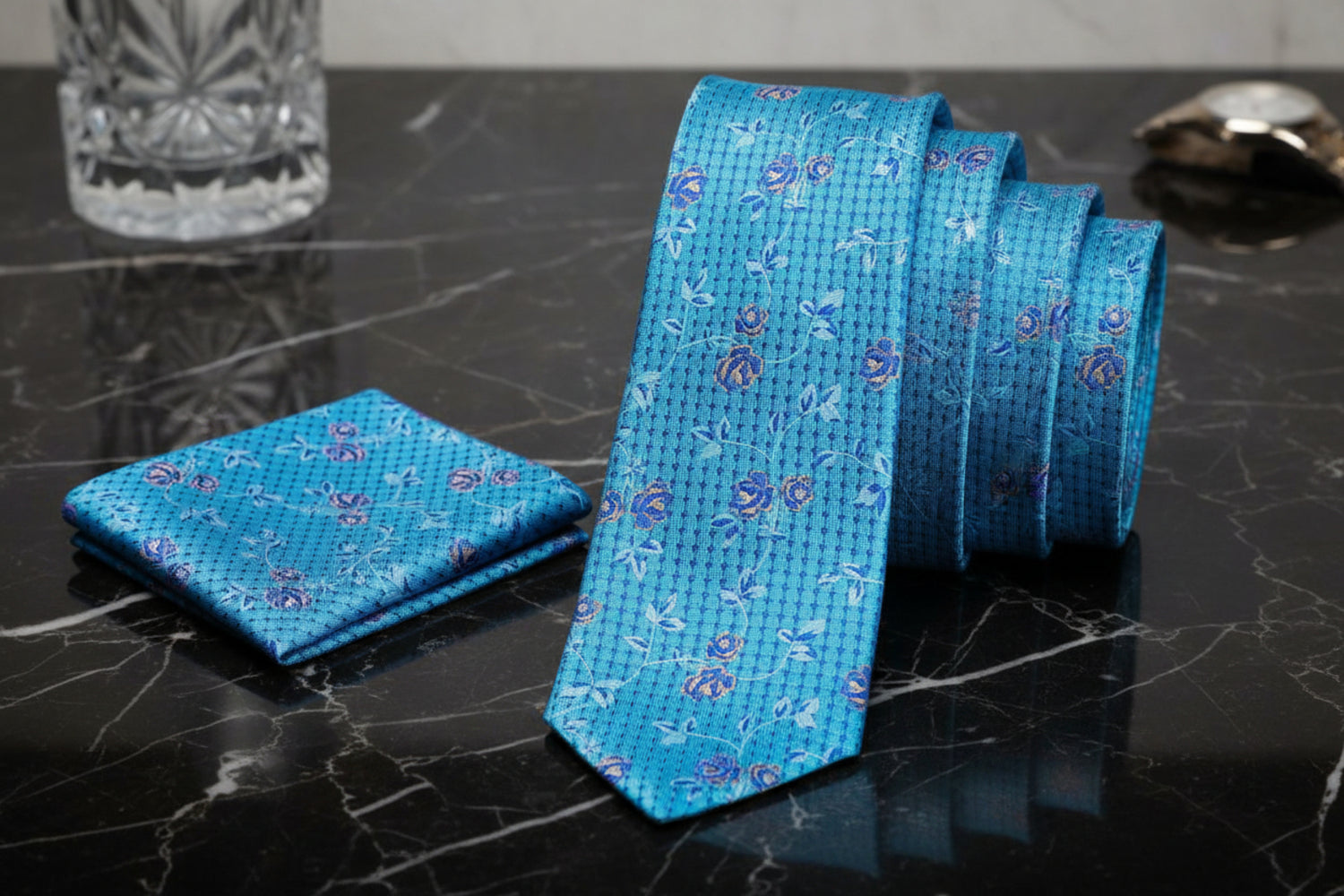 Alt View: A Light Blue Vine With Small Flower Pattern Necktie, Matching Pocket Square