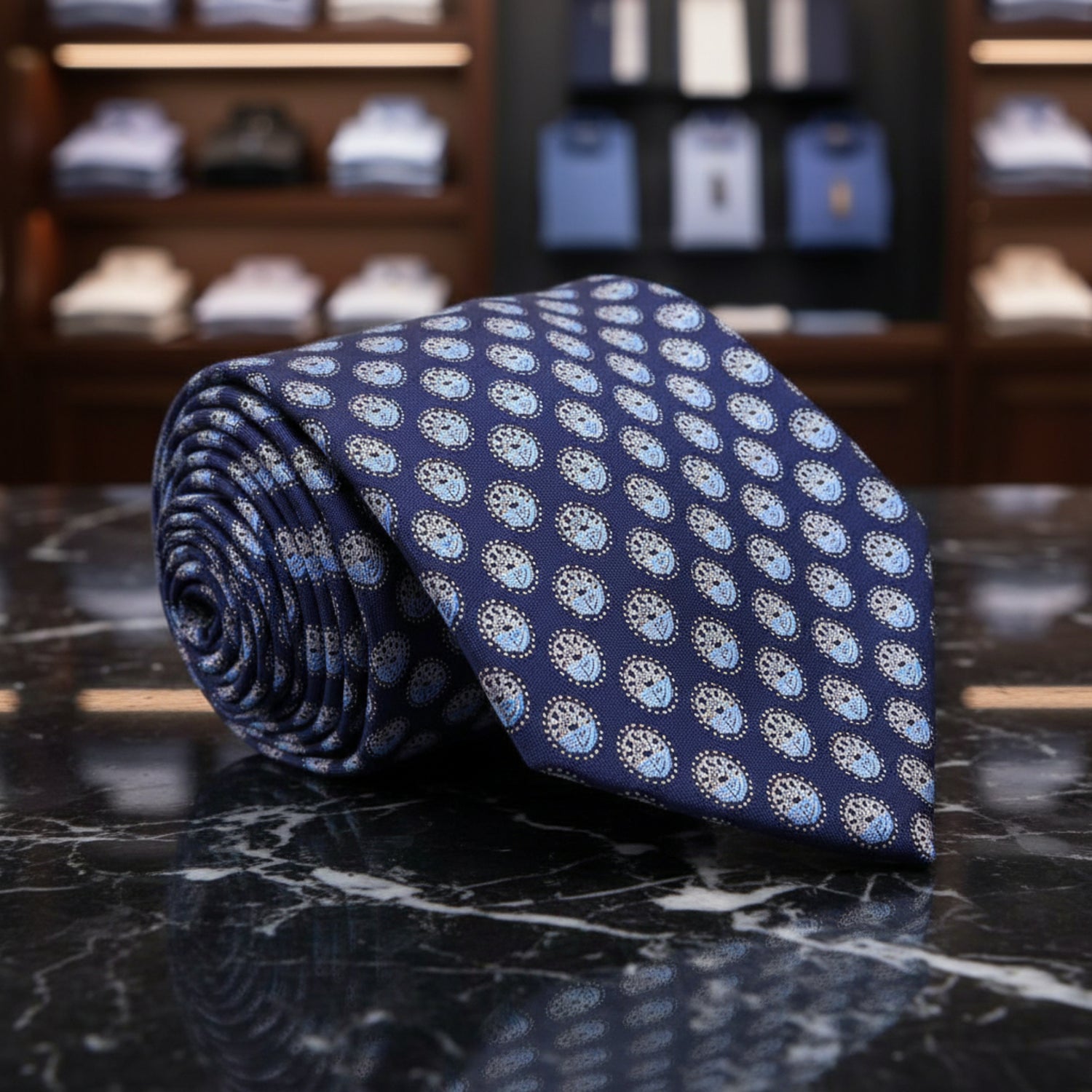 A Dark Blue, Light Blue Geometric Circles Pattern Necktie 