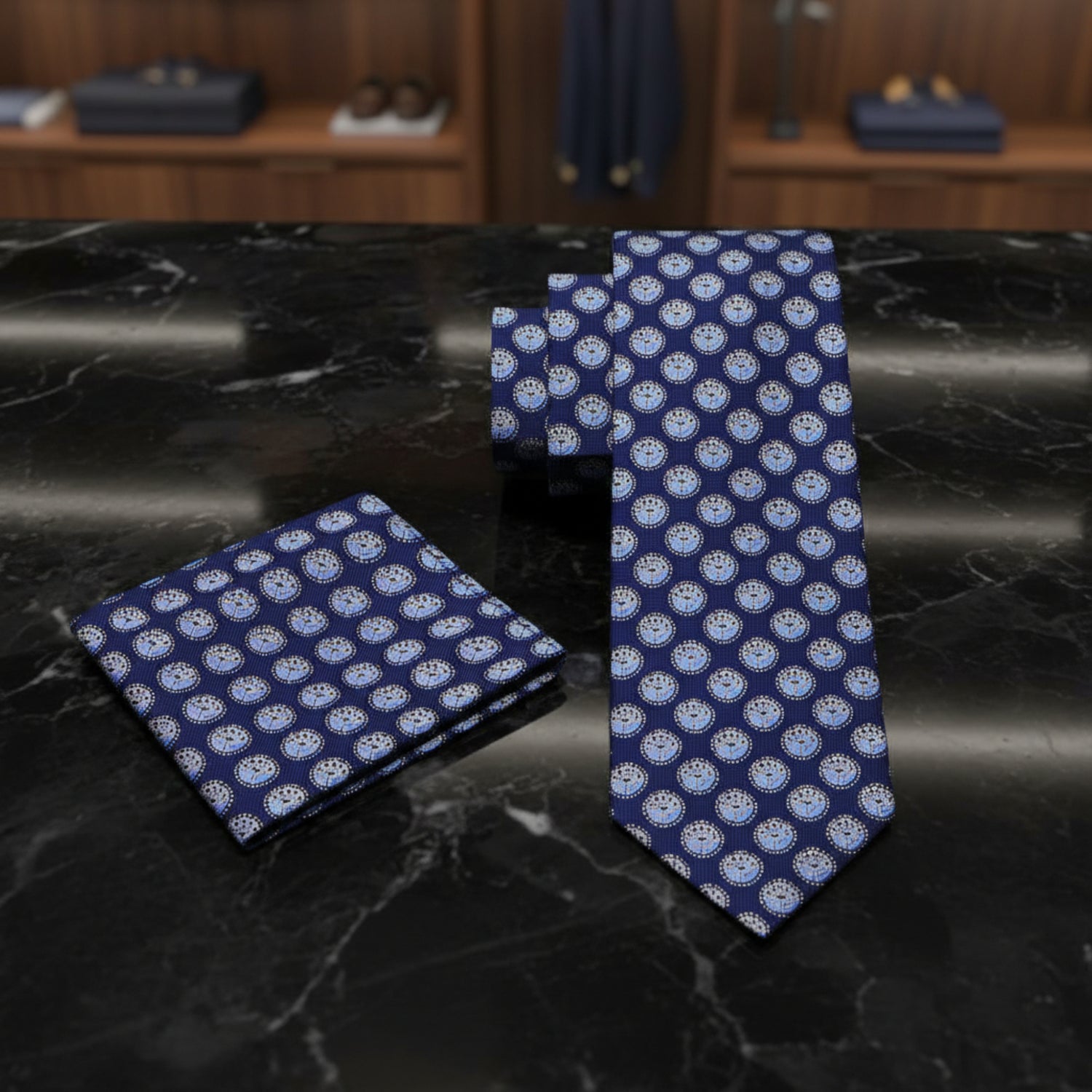 Alt View: A Dark Blue, Light Blue Geometric Circles Pattern Necktie, Matching Pocket Square