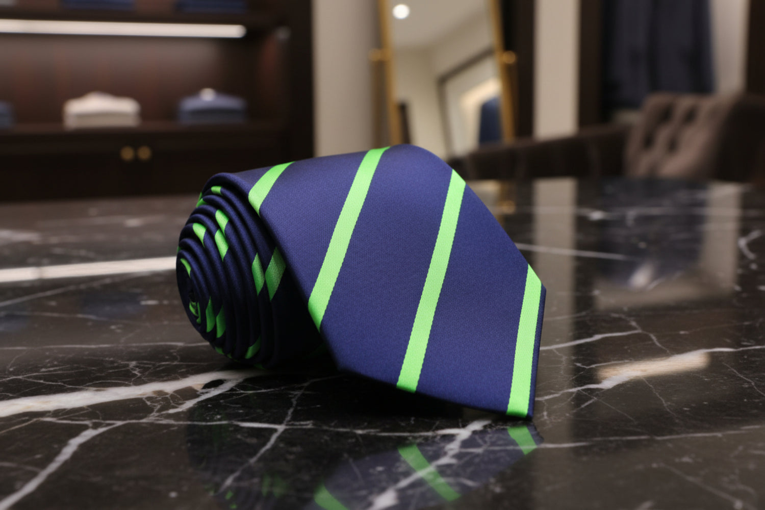 A Dark Blue, Light Green Stripe Pattern Silk Necktie