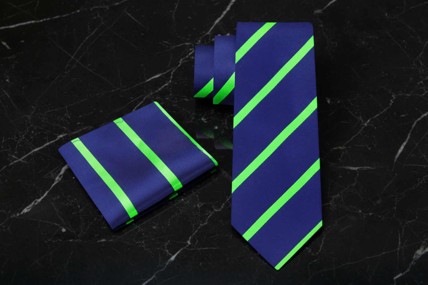 Alt View: A Dark Blue, Light Green Stripe Pattern Necktie, Matching Pocket Square 