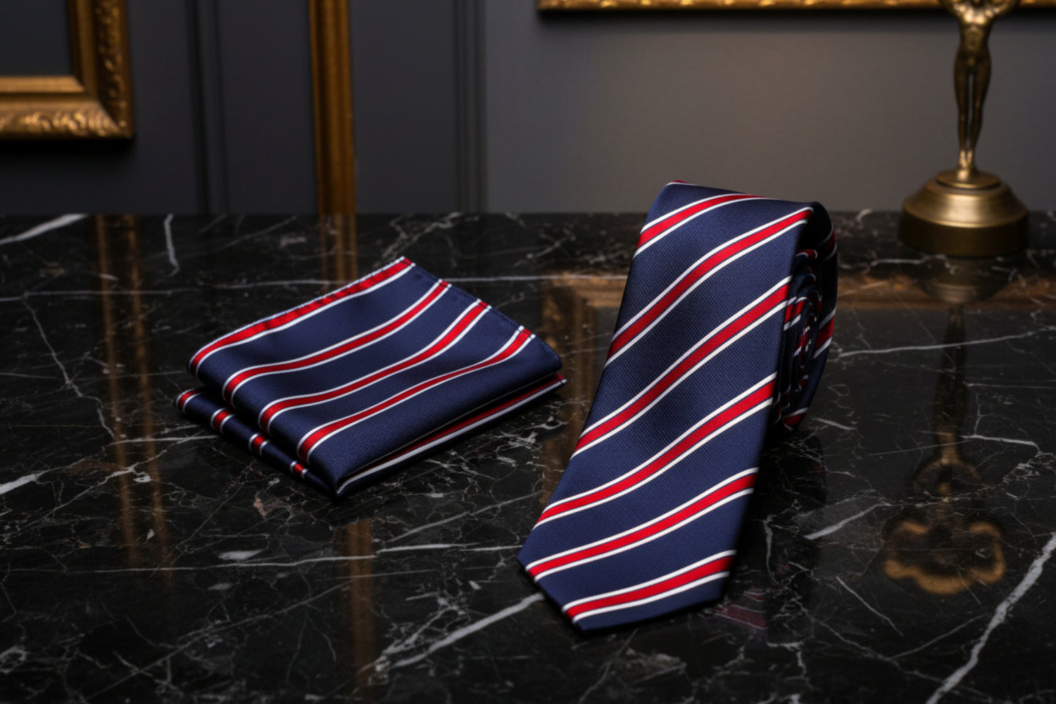 Alt View: A Dark Blue, Red, White Stripe Pattern Necktie, Pocket Square