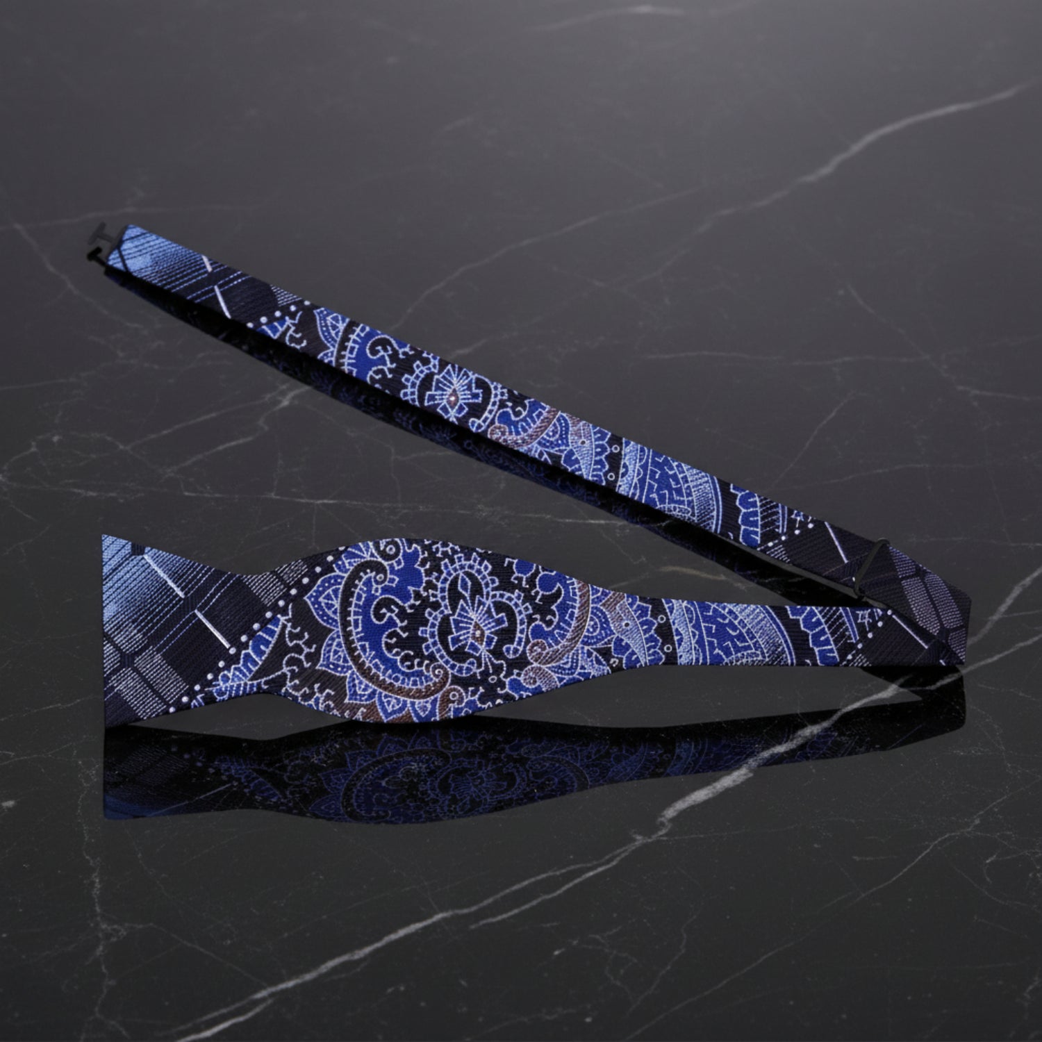 Untied View: Blue, Brown Geometric Paisley Pattern Self Tie Bow Tie
