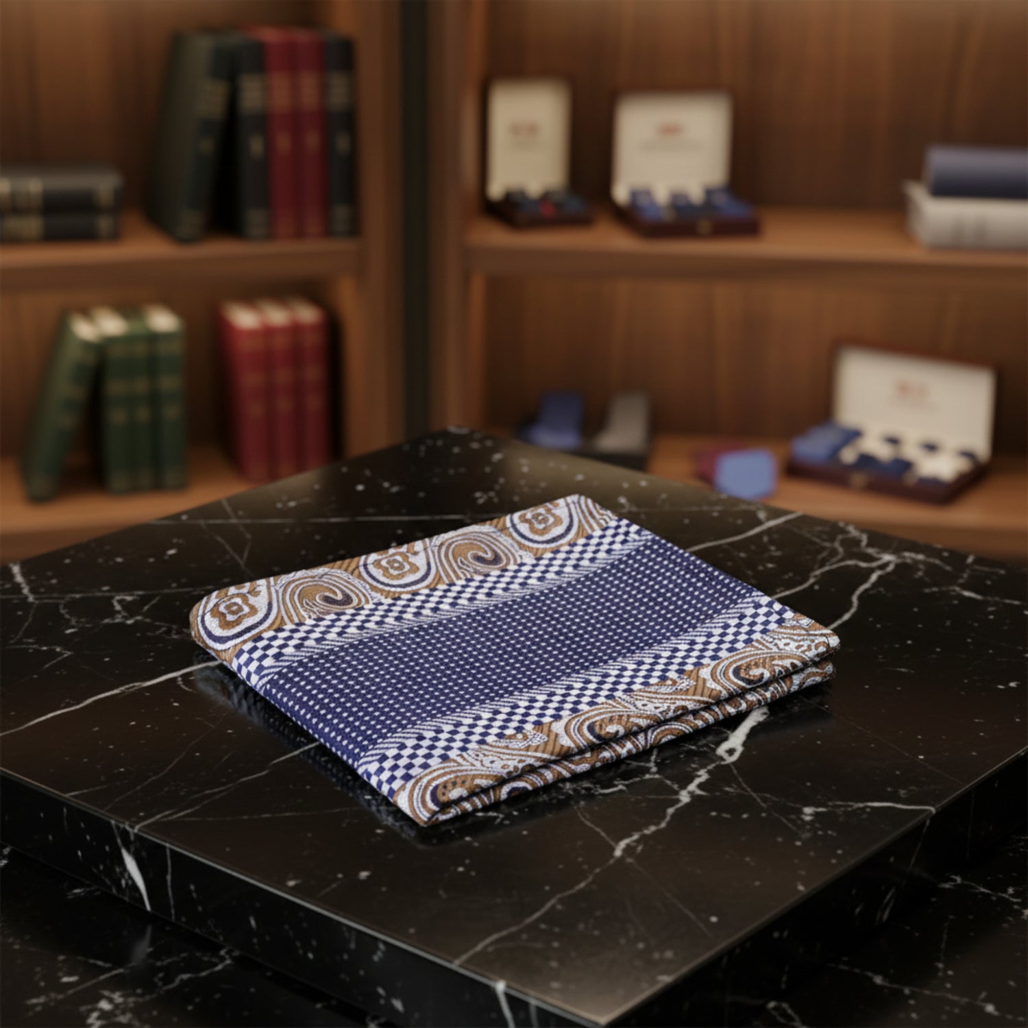 A Blue, Brown Geometric Check with Paisley Pattern Pocket Square