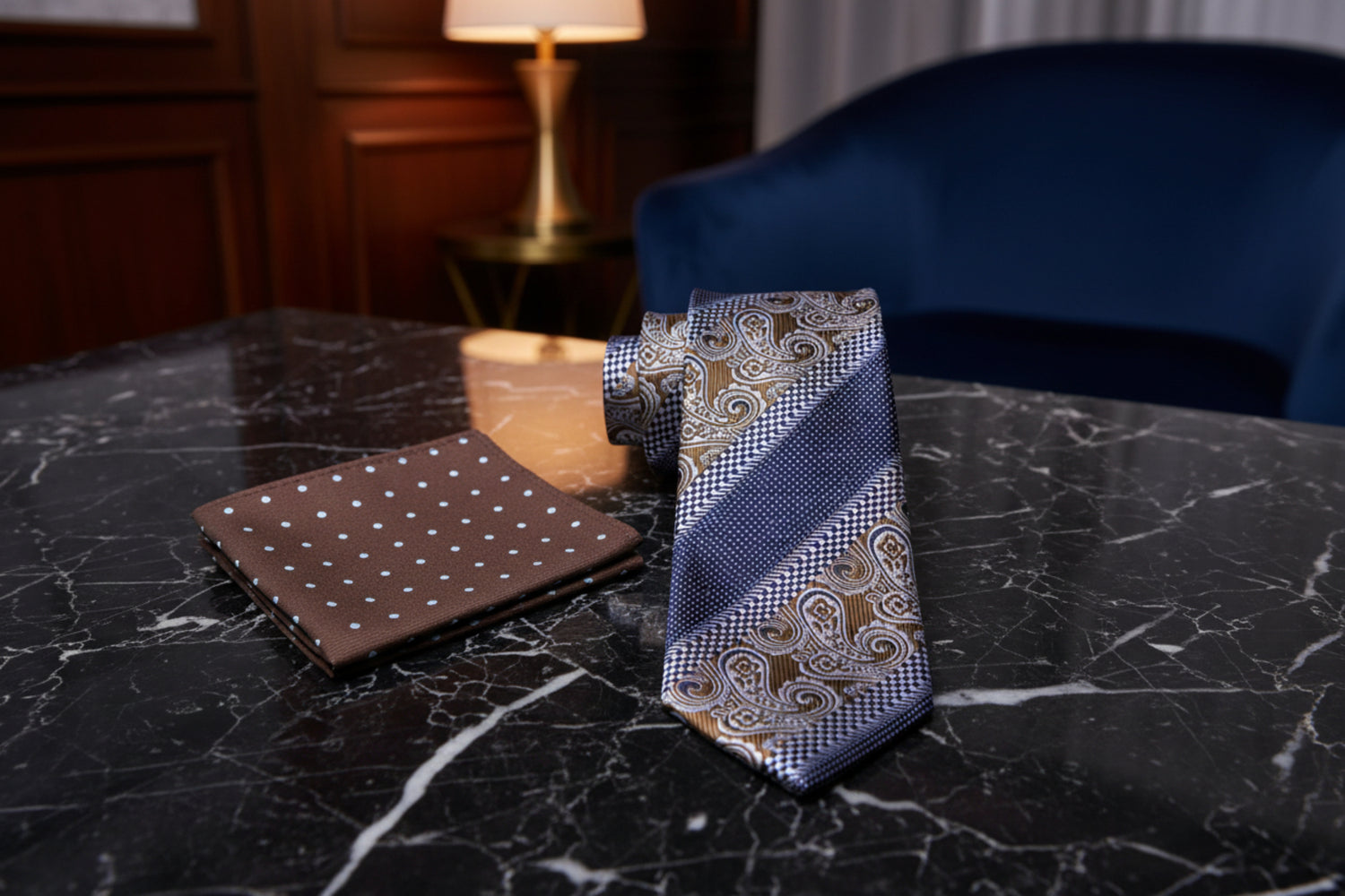 Alt View: Blue Brown Paisley Check Tie and Accenting Pocket Square