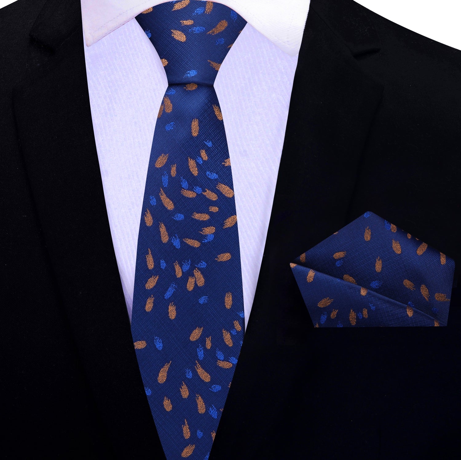 Dark Blue, Blue and Light Brown Comets Thin Tie and Pocket Square