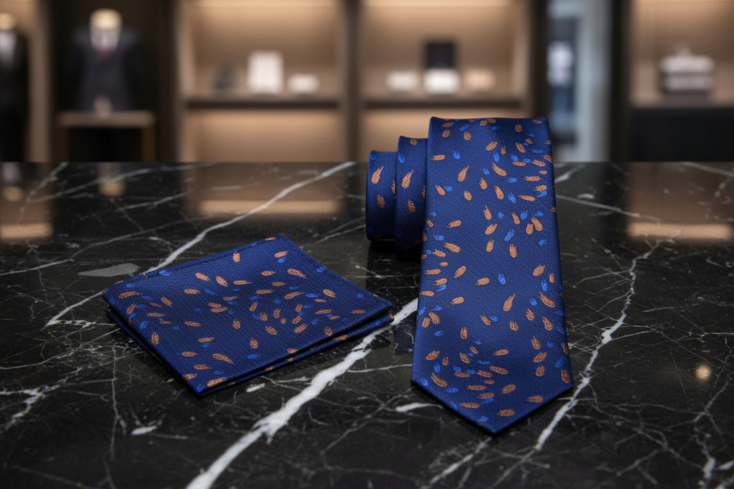 View 2: Dark Blue, Blue and Light Brown Comets Tie and Pocket Square