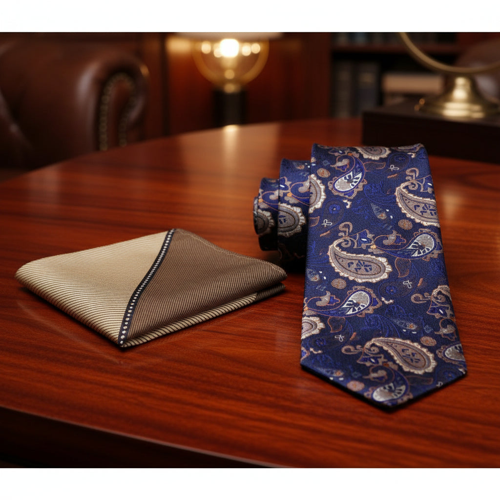 Alt View: A Dark Blue, Tan, Brown Paisley Pattern Necktie, Accenting Brown Pocket Square