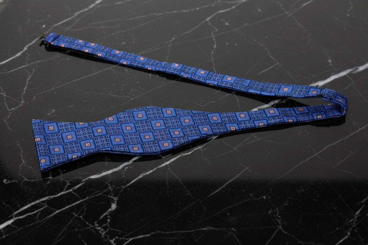 Untied View: Blue, Brown Geometric Diamonds Bow Tie