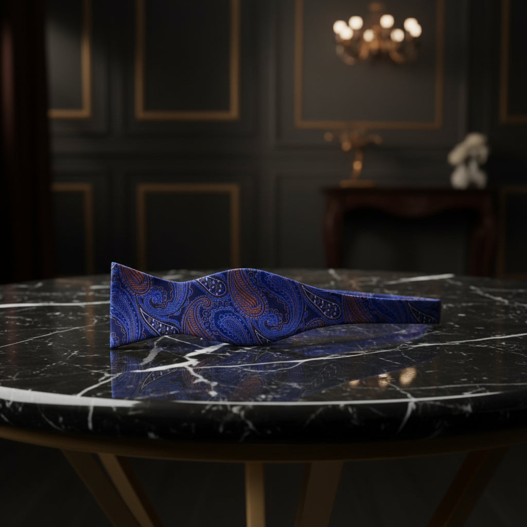 Blue Brown Gold Paisley Bow Tie Untied