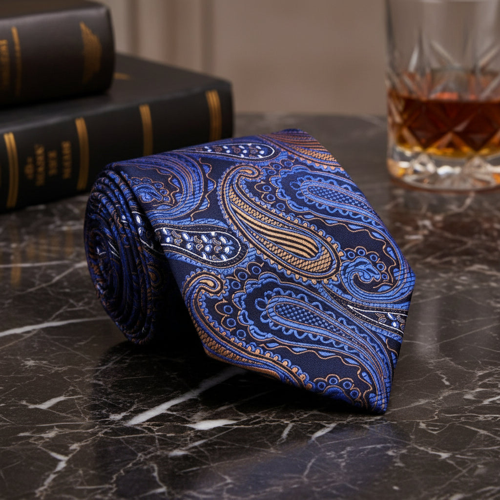 Blue, Golden Brown, Black Paisley Tie