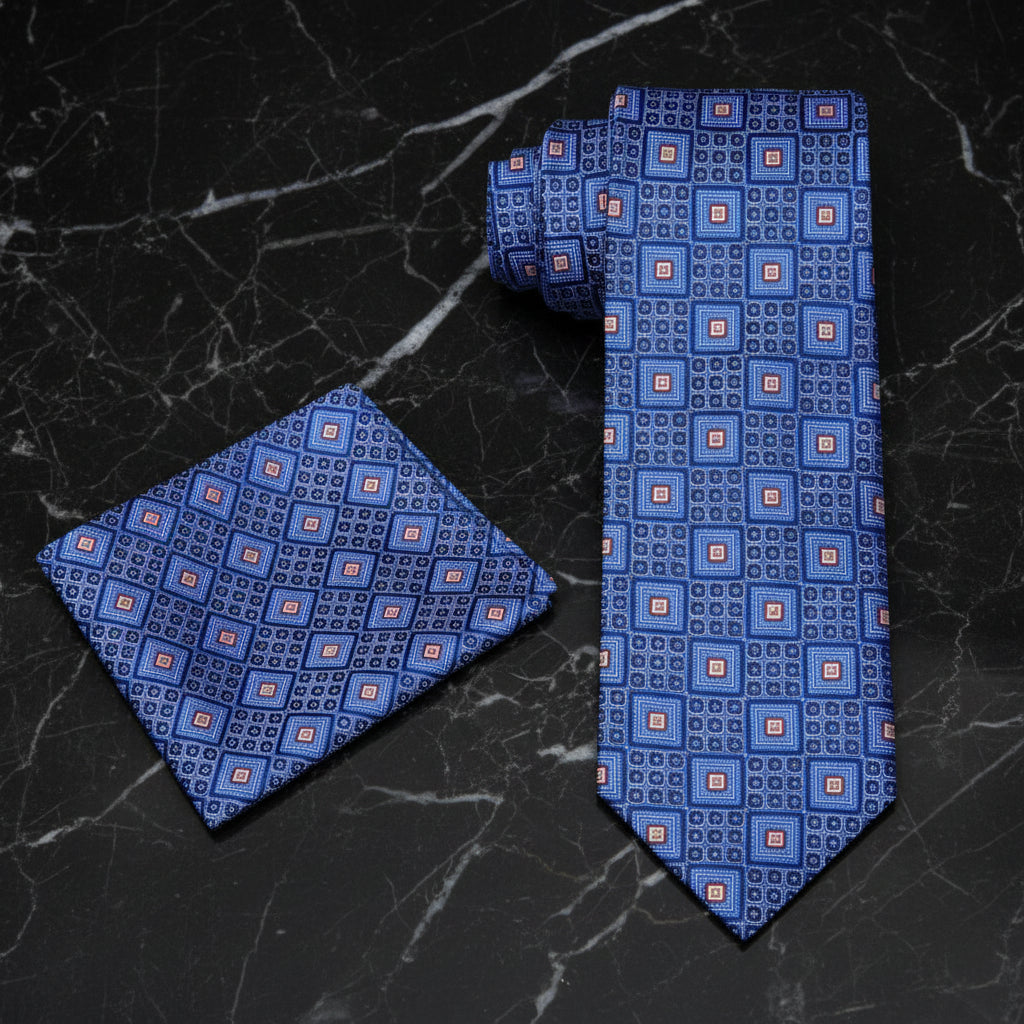 Alt View; Blue, Light Blue, Brown Squares Tie and Pocket Square