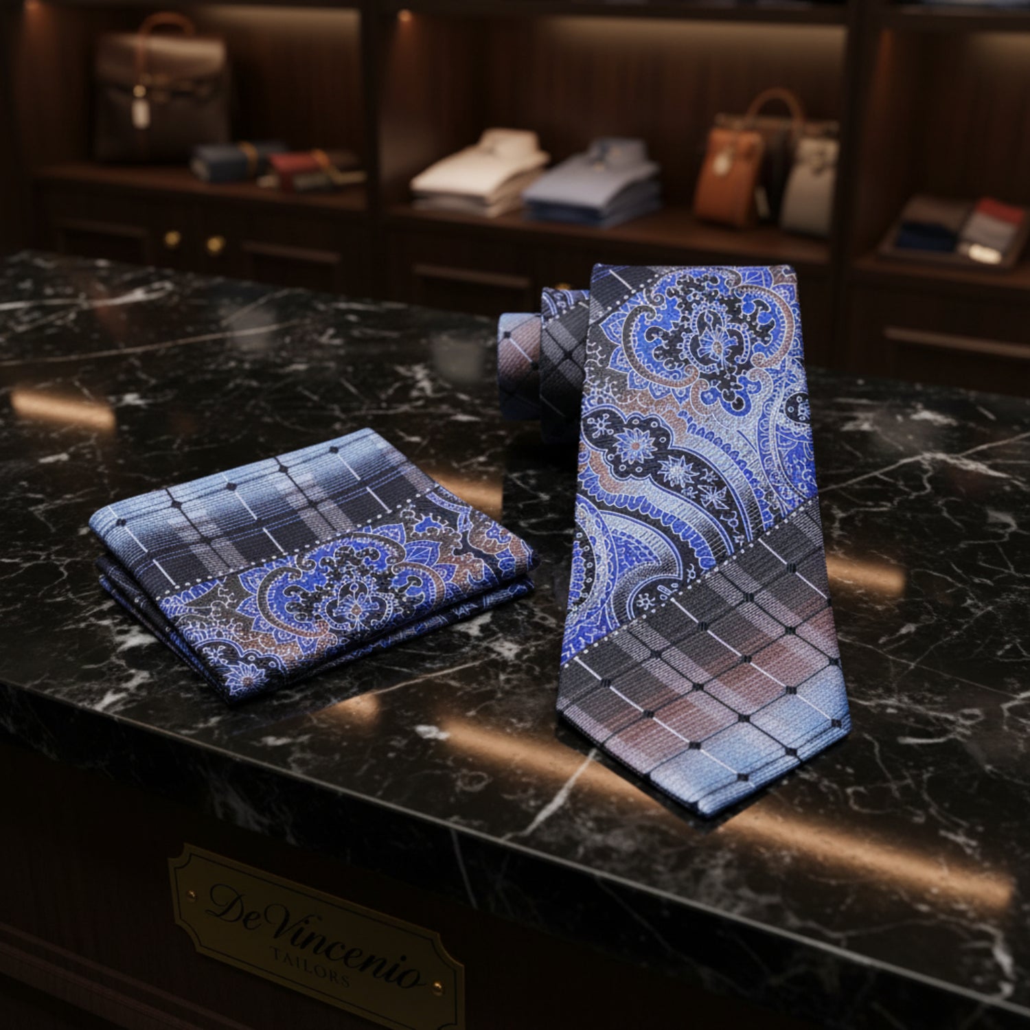 Alt View: Brown, Blue Paisley Necktie and Pocket Square