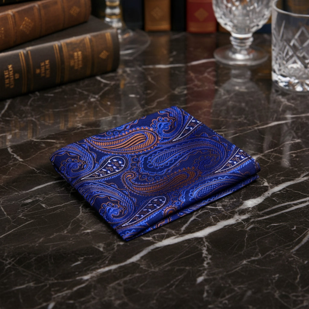 A Blue, Black, Gold Paisley Pattern Pocket Square